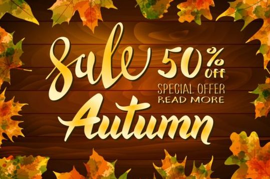 Осенняя распродажа с деревянным фоном и листьями вектора 01  