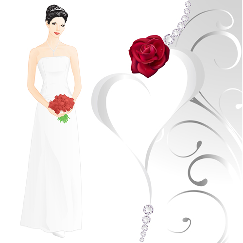 Beautiful bride and red rose wedding card vector 02  