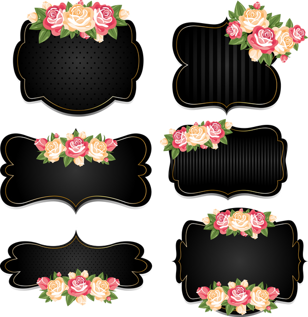 Black labels card with flower vector  