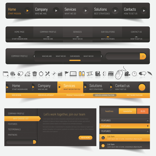 Black with yellow website navigation vector design  