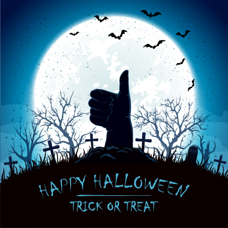 Blue Halloween background with thumb up on cemetery vector  