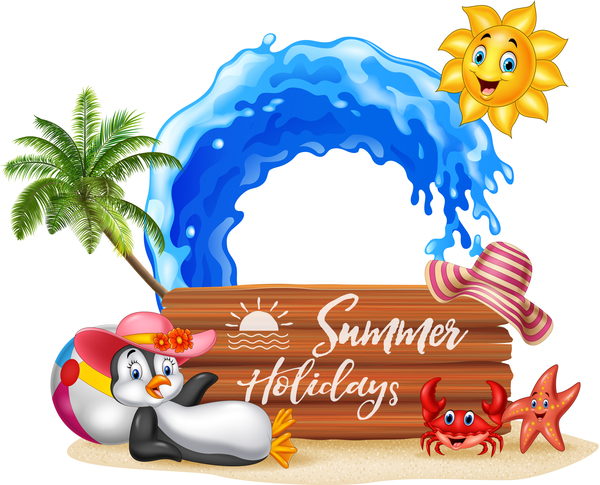 Cartoon summer holiday background with wooden plaque vector 01  