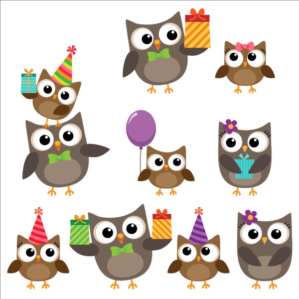Cute owls with birthday cake and balloon vector 01  
