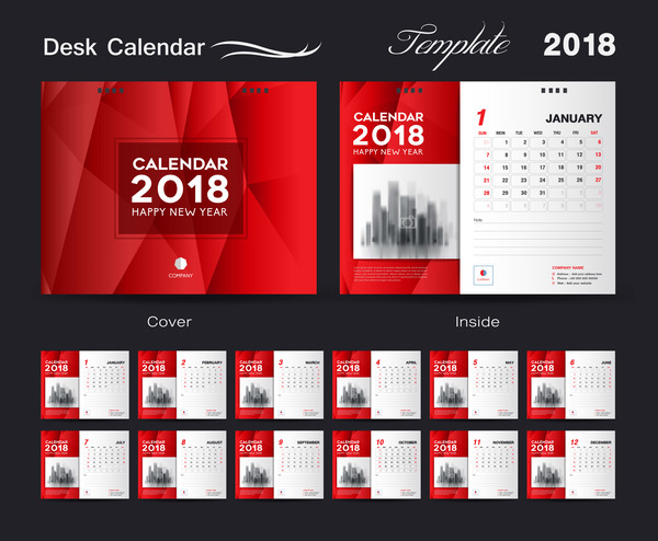 Schreibtisch-Kalender 2018 Vorlage rote Abdeckung Design Vektor 05  