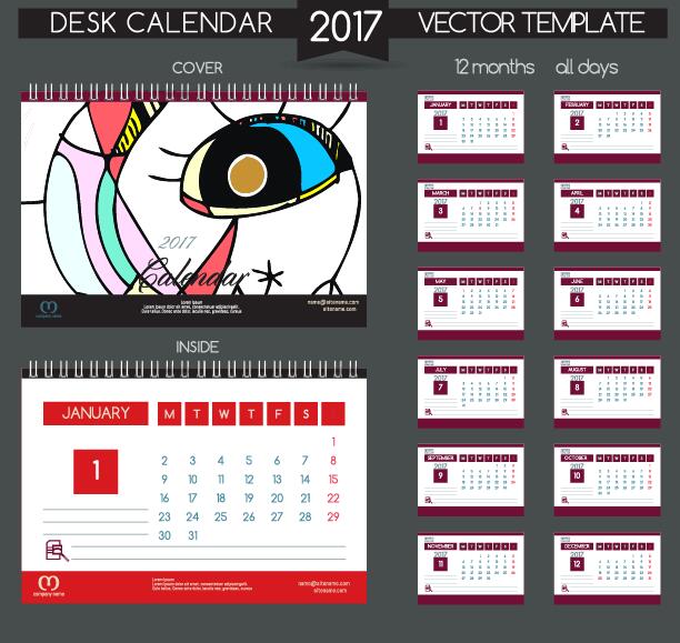 Desk calendar 2017 vector retro template 04  