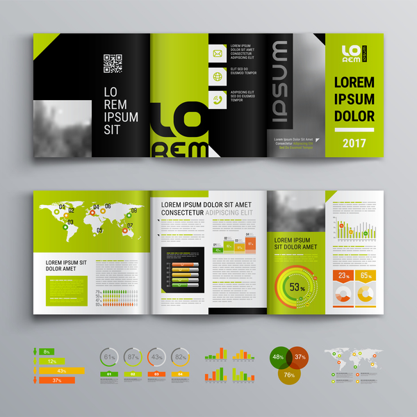 Green with black brochure cover with business infographic vector 07  