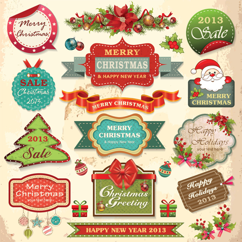 Vintage Christmas labels and elements vector set 04  