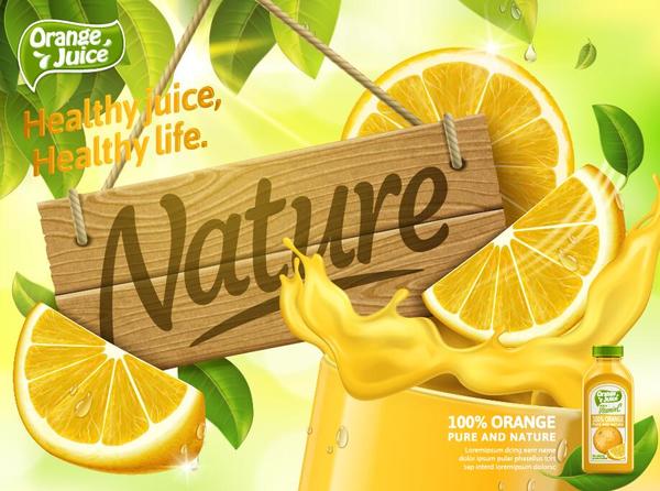 Orange pure and nature juice poster design vector 02  