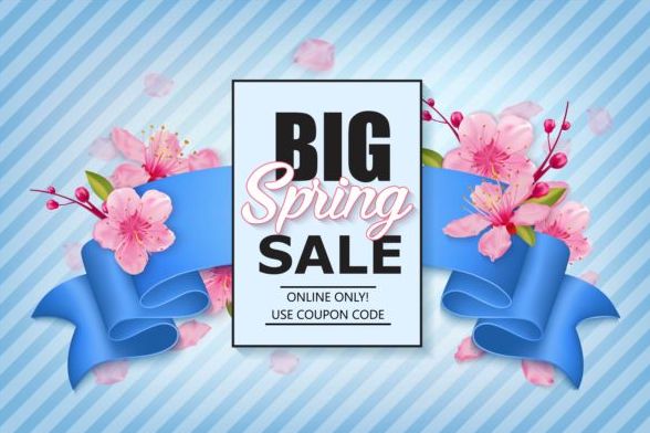Spring shoping banner ribbon with flower background vector 02  