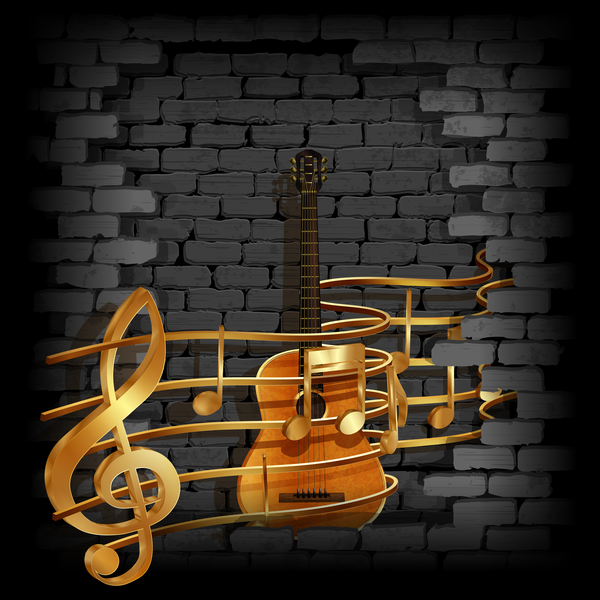 Stone brick wall frame guitar music background vector  
