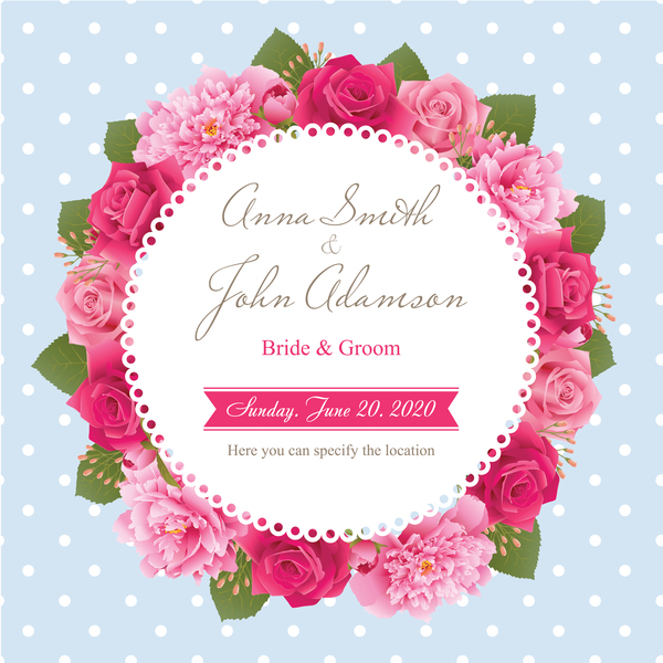 Wedding card with peony and pink roses vector 08  