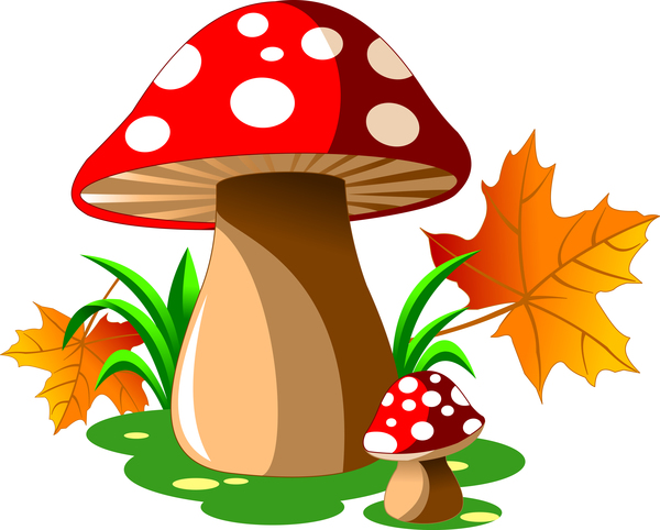 Cartoon mushrooms with autumn leaves vector  