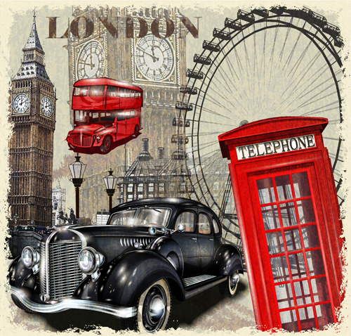 Classic cars and travel vintage poster vector 02  