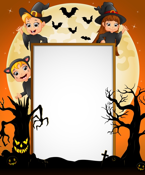 Cute kids with halloween blank background vector 05  