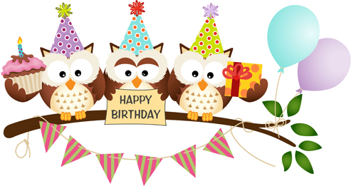 Cute owl with birthday cards vector material  