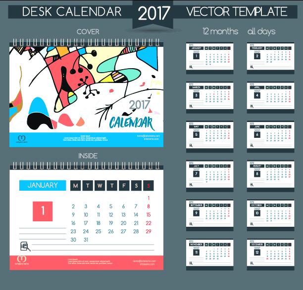 Desk calendar 2017 vector retro template 03  