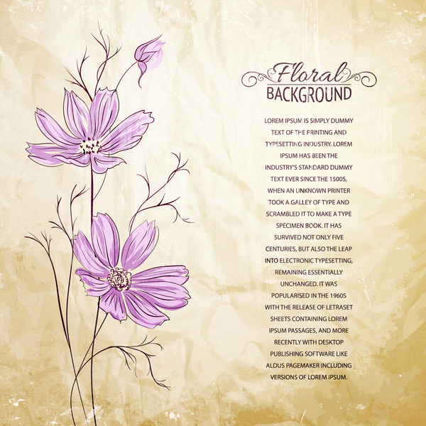 Hand drawn purple flower with crumpled paper background vector  