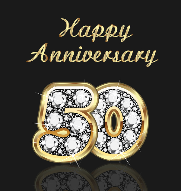 Happy 50 anniversario oro con diamanti sfondo vettoriale  