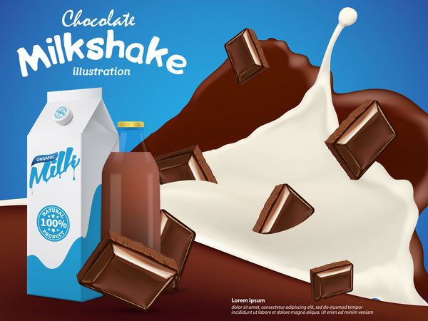 Milkshake avec éclaboussures de lait au chocolat et baies affiche vector modèle  