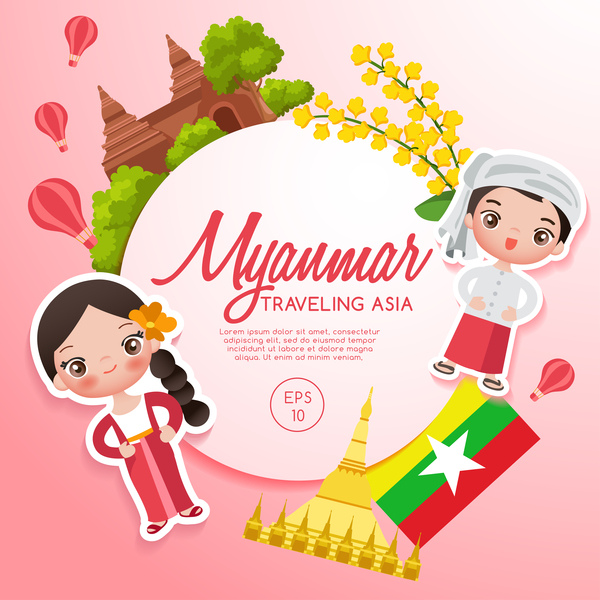ミャンマー旅行漫画テンプレートベクトル  