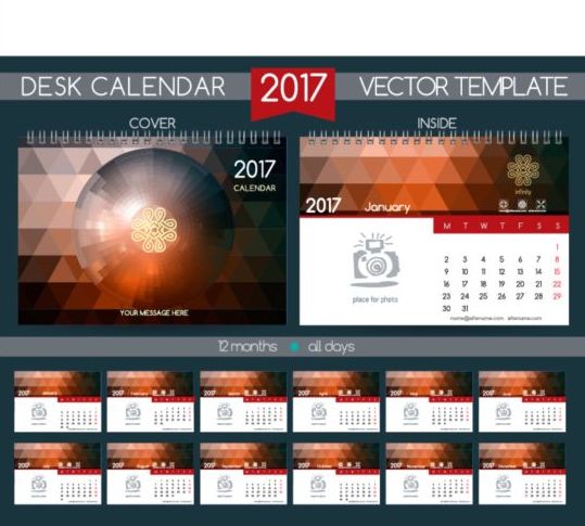 Retro Skriv bords kalender 2017 vektor mall 18  