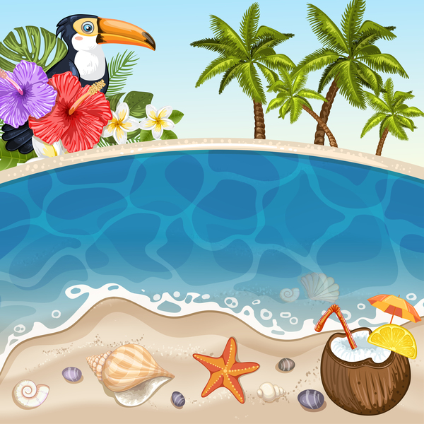 Summer beach with sea background and coconut trees vector 06  