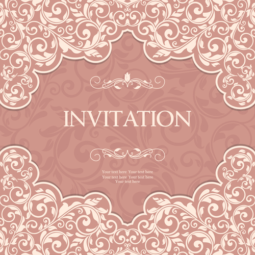 Vintag pink invitation cards with floral vector 06  