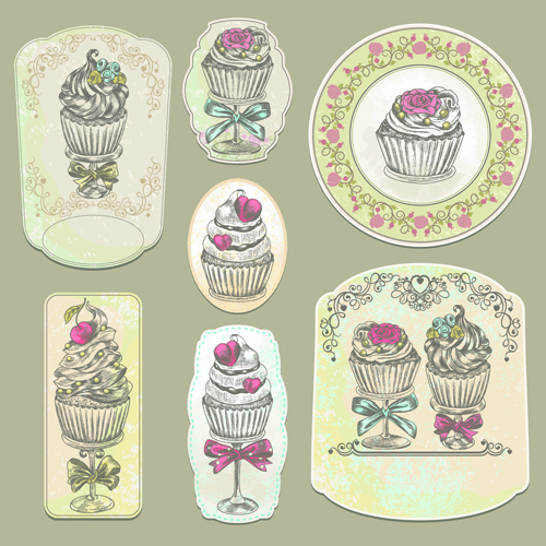 Vintage cupcakes labels creative vector 02  