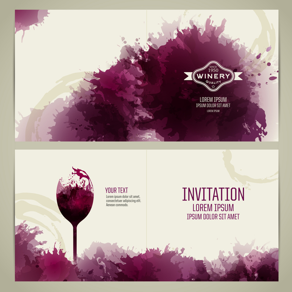 水彩スタイルのワイン招待カードベクトル03  
