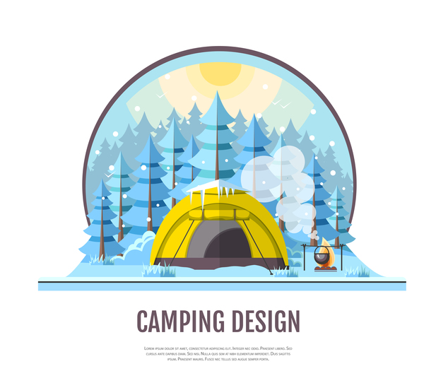 冬のキャンプテントの背景ベクトルのデザイン07  