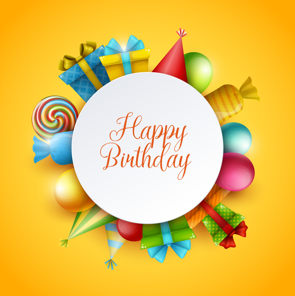 Yellow birthday background with gifts vector 01  