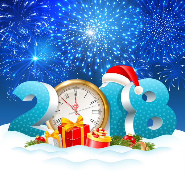 3D 2018 text with clock and blue christmas background vector  