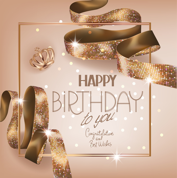 Birhtday greeting card with gold curly ribbon vector  