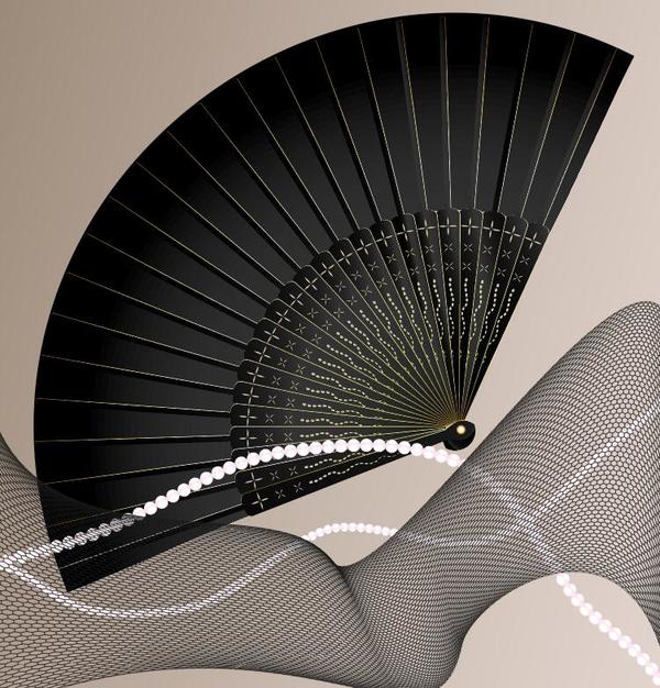Black folding fan with abstract background vector  