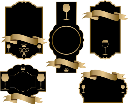 Black wine lables with golden ribbon vector design 02  