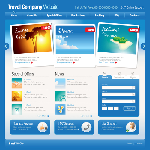 Blue styles travel website template vector  