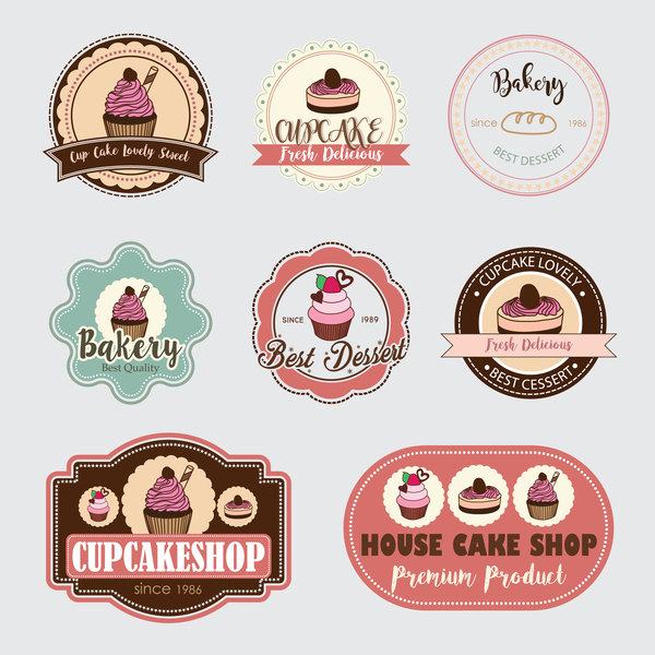 Cup cake badge with labels retro vector 15  