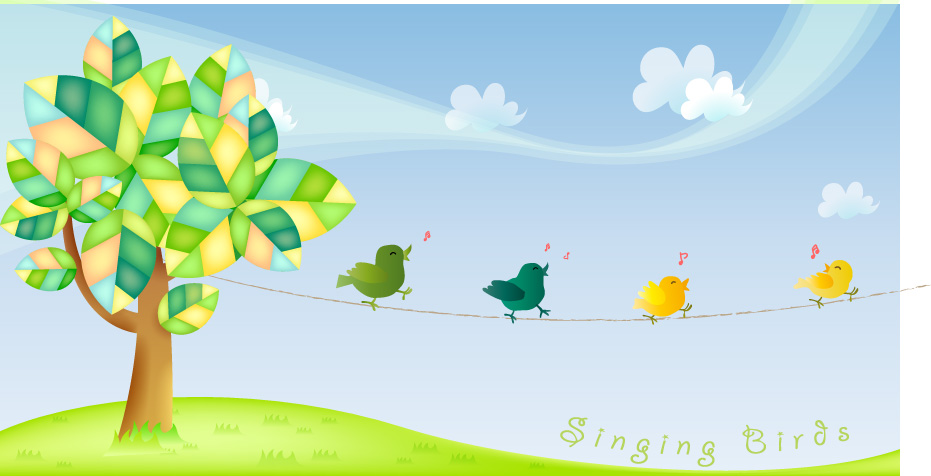 Cute cartoon singing birds vector material  