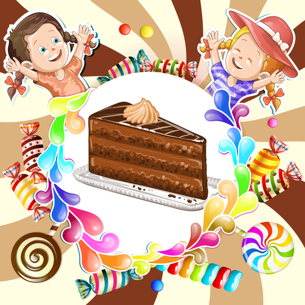 Cute kids with cake and candies vector material 08  