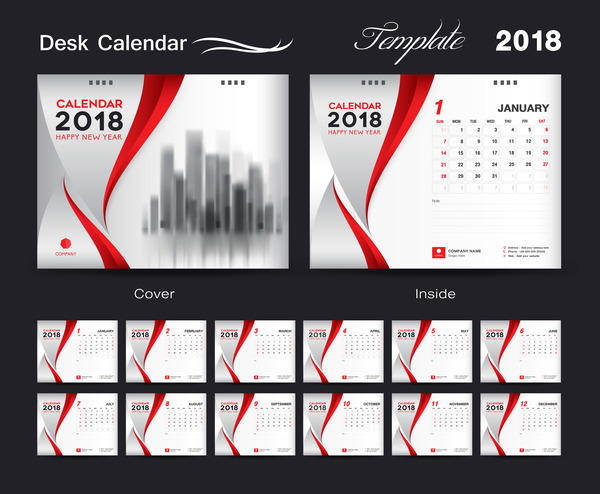 Roter Abdeckungs-Designvektor 04 des Schablonen-Kalender-2018  