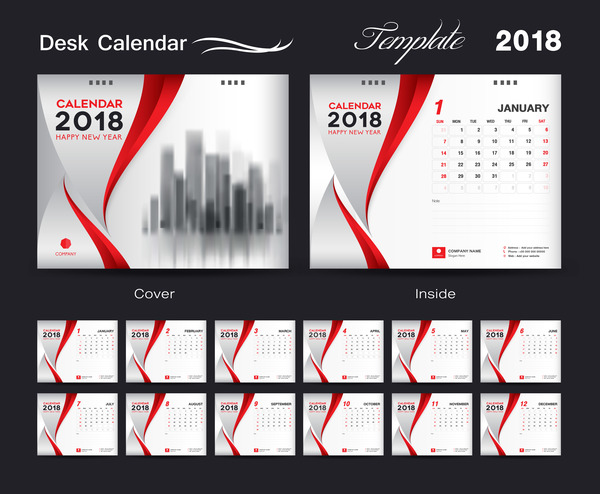 Bureau calendrier 2018 modèle couverture rouge conception vecteur 04  