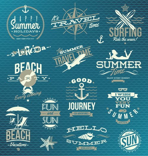 Happy summer holiday travel logos and labels vector 04  