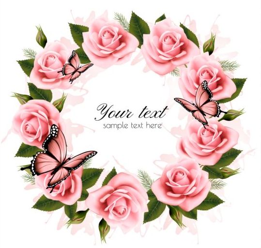Holiday background with pink beautiful flowers and butterflies vector 01  