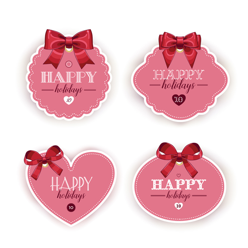 Pink holiday cards with red bow vector 02  