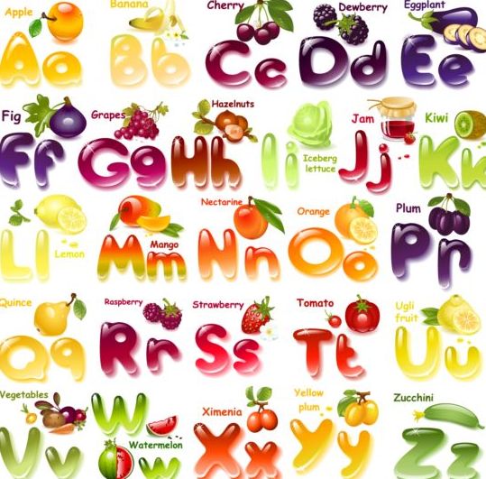 Vecteur d’alphabet de fruits brillants  