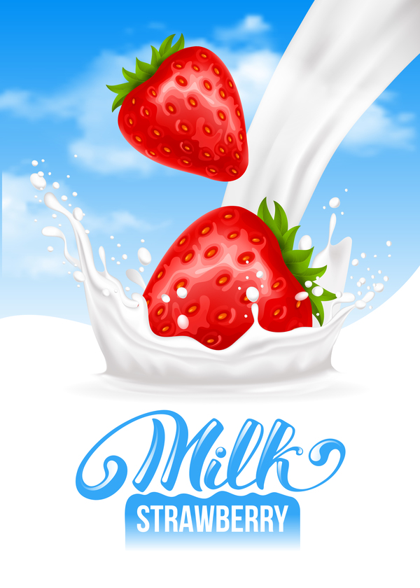 Splash-Milch mit Erdbeergrund-Vektor 03  