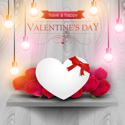 Valentines day elements with wooden background vector 06  