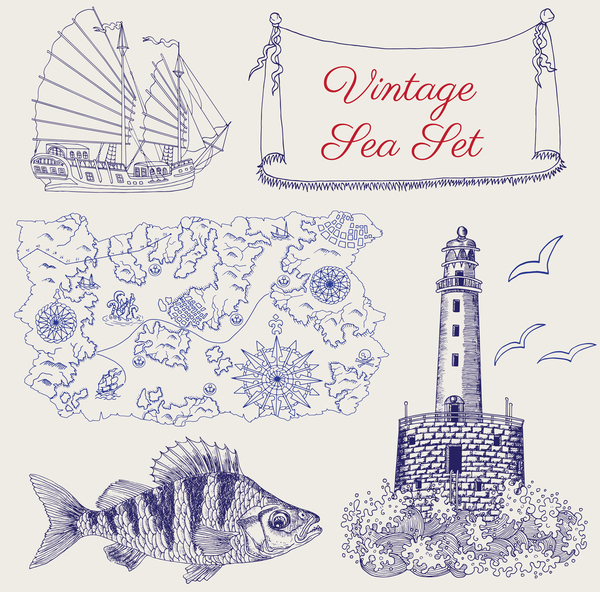 Vintage sea set with pirate map fish and light house vector  