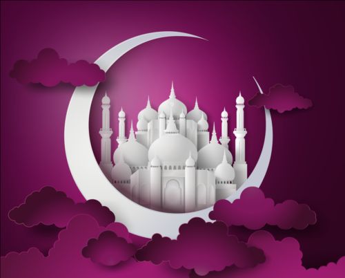 White mosque with purple ramadan kareem background vector 02  