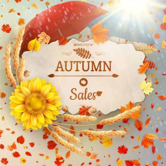Herfst verkoop etiketten met zonnebloem en bladeren achtergrond vector 06  